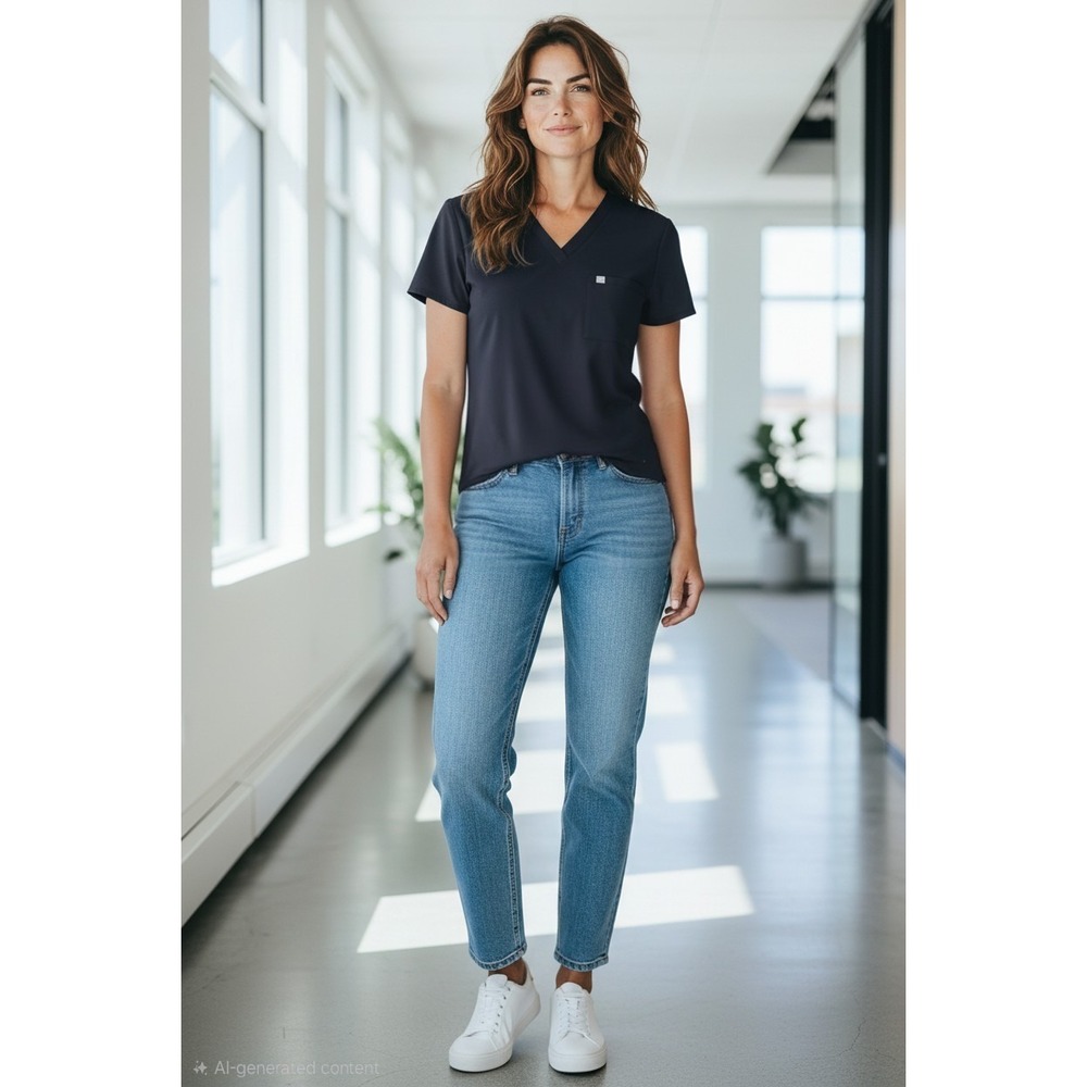 Fabletics Feel-Good Performance Scrub Top Women's V-Neck‎ Blue 1-Pocket SZ S